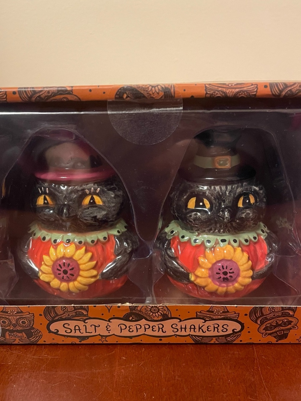 NIB JOHANNA PARKER CROW SALT & PEPPER SET Pilgrim Thanksgiving Birds Sunflower
